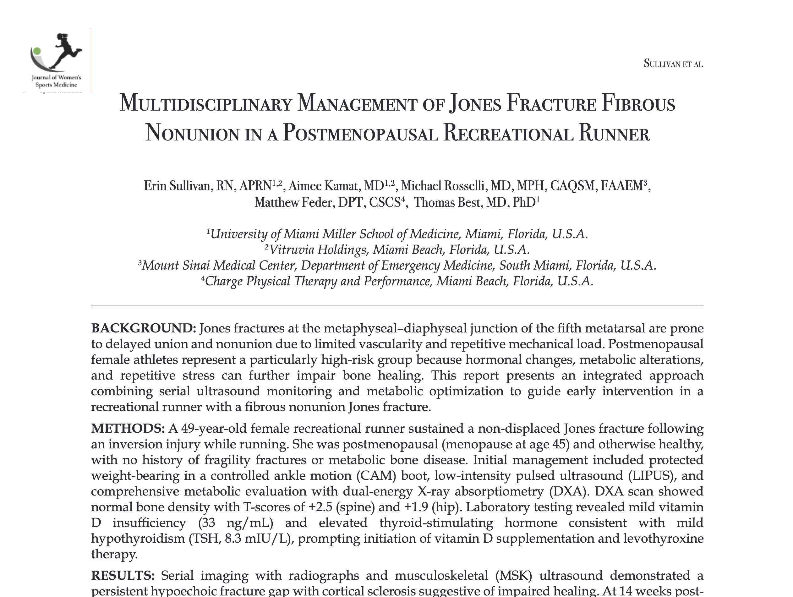 Journal of Women's Sports Medicine article showing Matthew Feder as co-author and Charge Physical Therapy and Performance as his affiliation