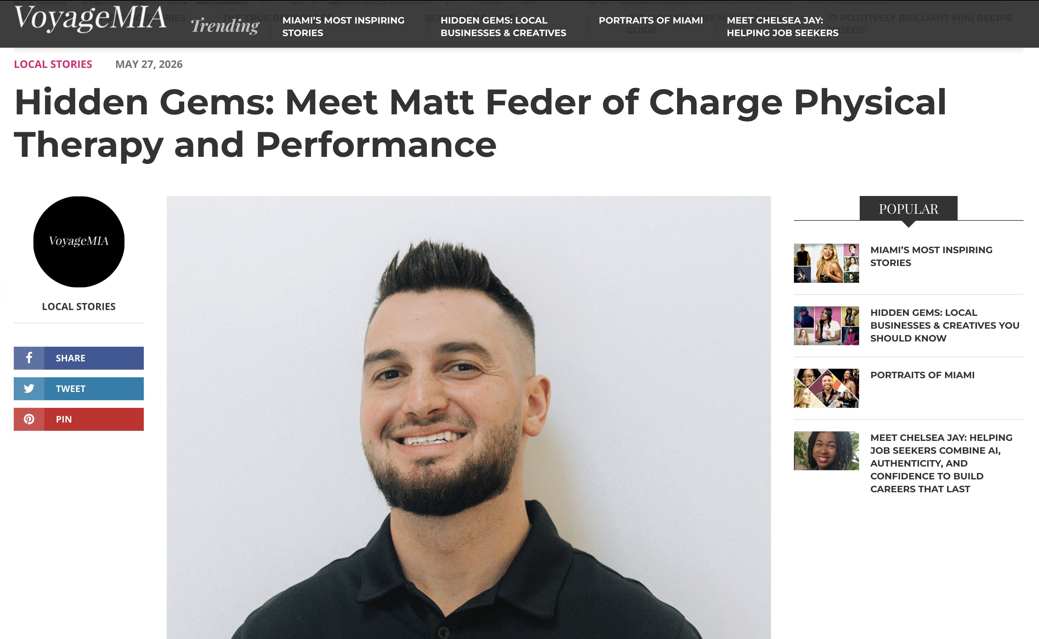 VoyageMIA feature page showing Dr. Matt Feder and the Charge Physical Therapy and Performance interview